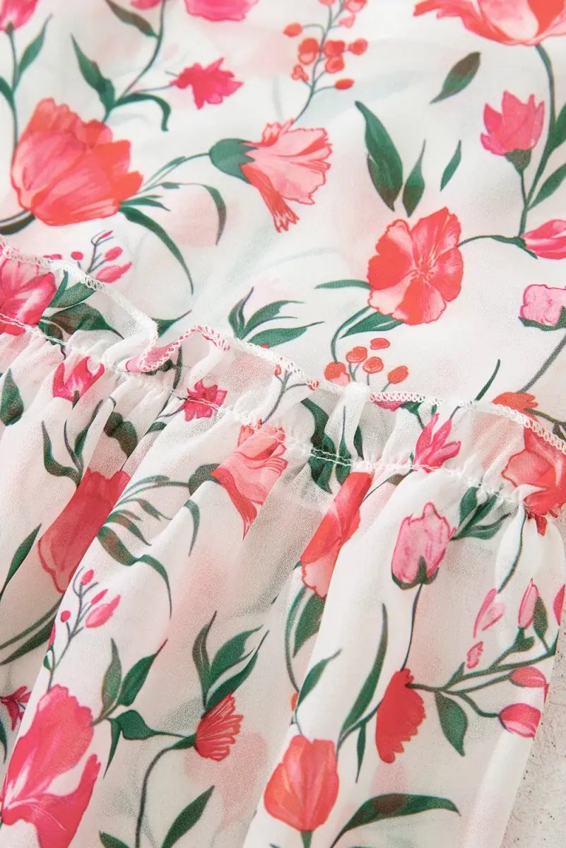 Pink Floral Puff Sleeve Square Neck Empire Waist Maxi Dress - Love Salve